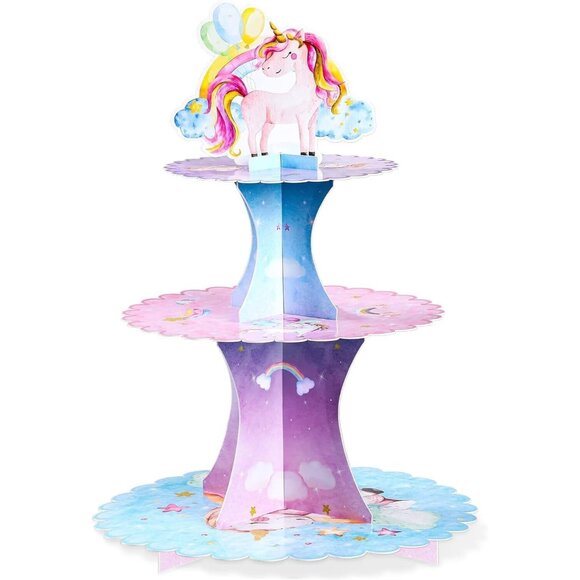 3 Tier Unicorn Cupcake Stand Watercolor Unicorn Cardboard Cupcake Holder  New - Picture 1 of 8